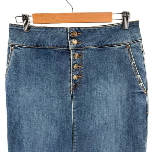 Prana Medium Wash Blue Aubrey Denim Jean Skirt Womens Size 8 Button Fly Stretch - Picture 7 of 11